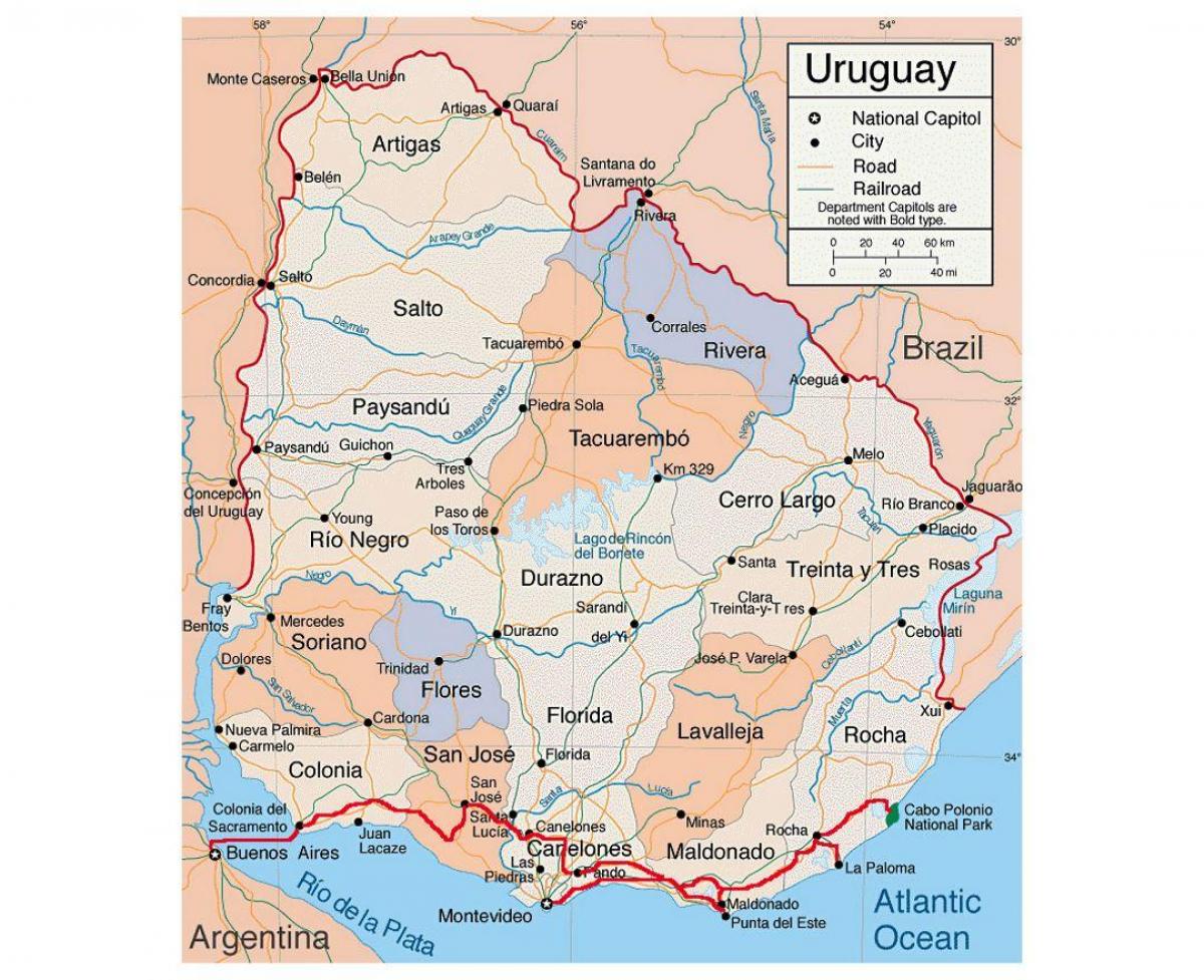 Карта на Уругвай с града